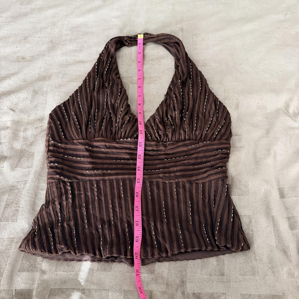 VTG Y2K Cache Top 8 Brown Beaded Halter Camisole Ottoman Stripe Party Blouse - Picture 16 of 16